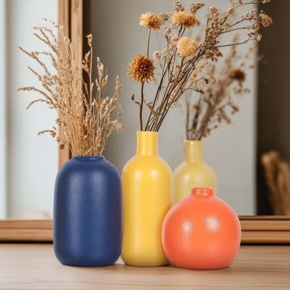 New Set of 3 Colorful Ceramic Vase for Home Decor - Burnt Orange & Blue